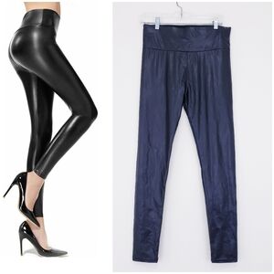 Black Faux Leather Leggings Shine Stretch Tummy Control High Waist Size Large